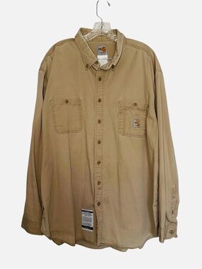 Carhartt Men's Khaki Button-Up Work Shirt - Flame Resistant Work Shirt
